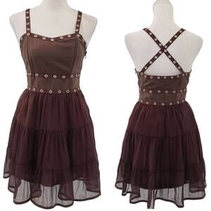 Minuet Brown Satin & Chiffon Fit n Flare Grommet Strappy Mini Cocktail Dress S